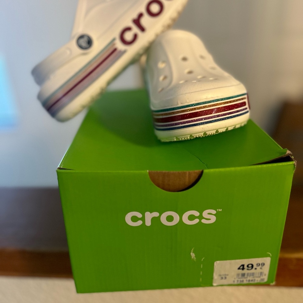 CROCS Kids' White Sandals with Colorful Stripes